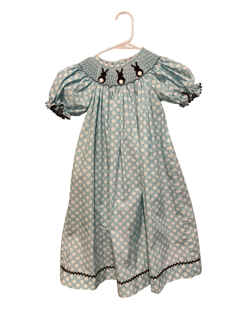 Southern Tots Girls' Light Blue Polka Dot Smocked Dress with Brown Bunny Motif‎